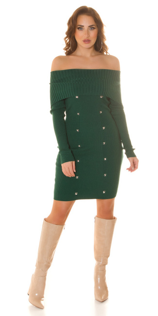 off-shoulder Knit Dress with Studs Green